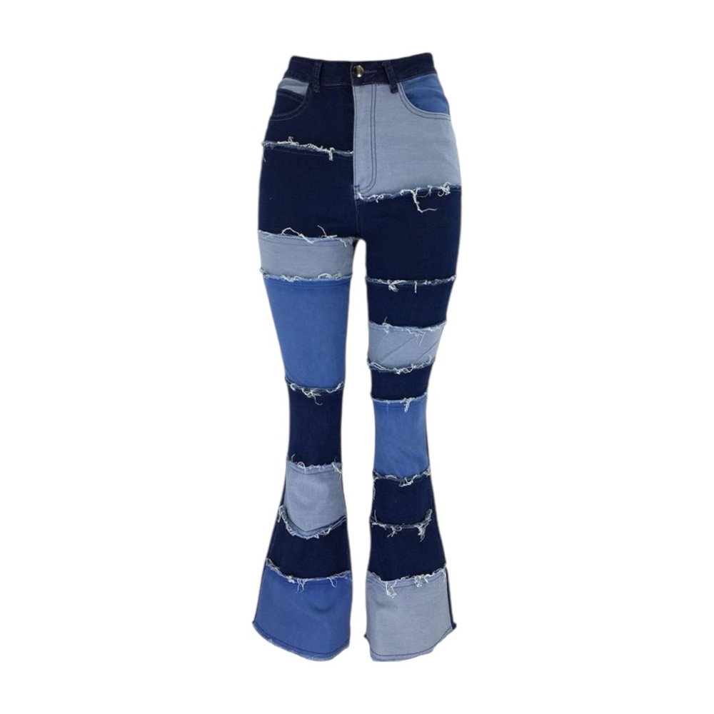 Blue Patchwork Flare Jeans